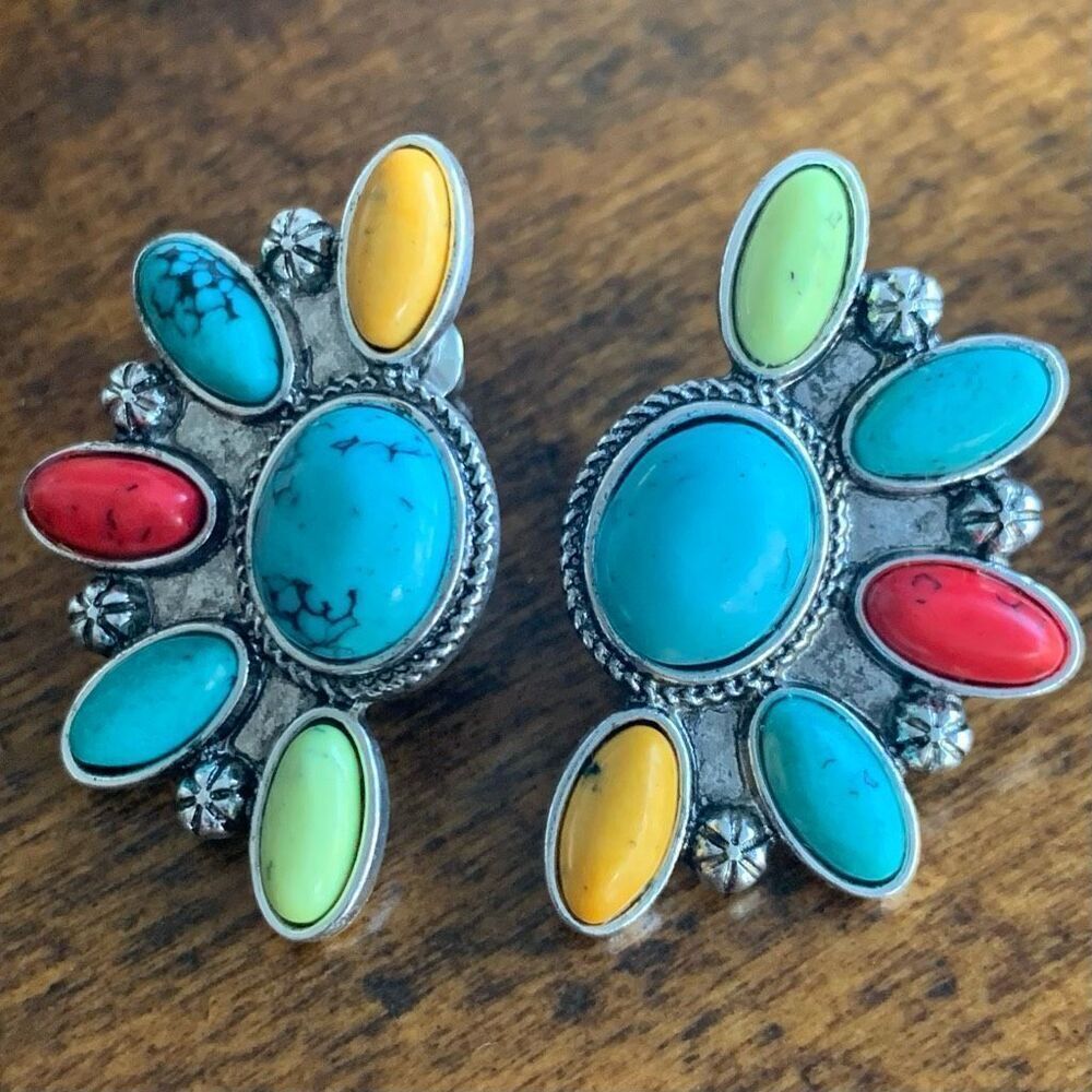 Desert Cluster Earrings – Faux Turquoise & Multi-Color Stones in Silver Tone